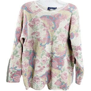 VTG JJ Browne Large Floral Rose Knit Top Metallic Pastel USA Cotton/Poly EUC